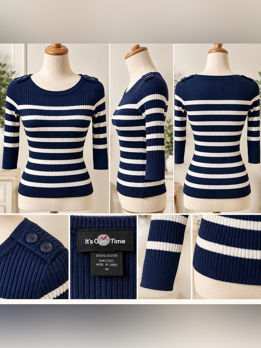 JUNIOR SIZE M - It's Our Time Navy & White Striped Ribbed Scoop Neck Sweater